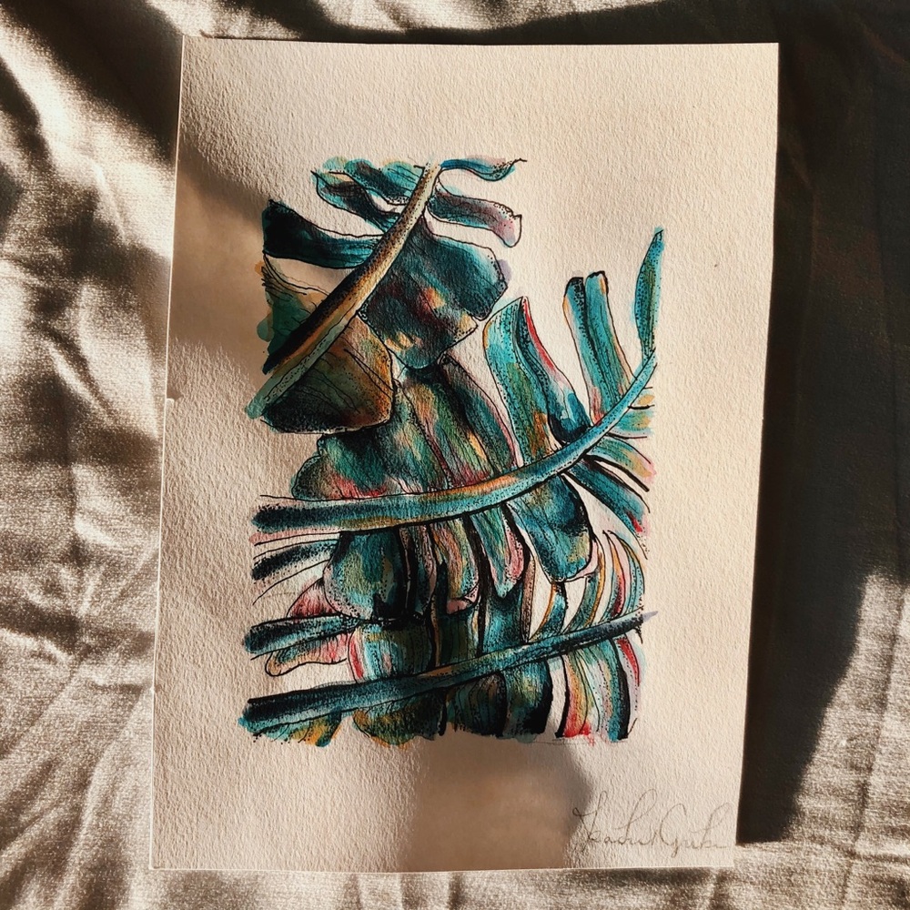 Original small drawing/painting- palm leaves